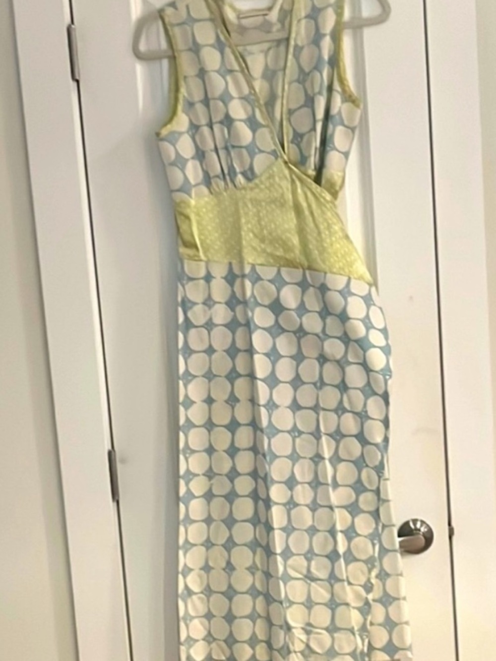 Sleeveless Toast Polka Dot Wrap Midi Dress in Blue and Cream with Yellow Waist